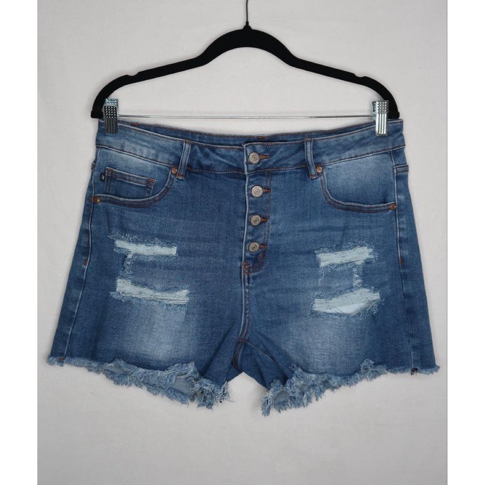 Judy Blue JB017 Button Fly Distressed Raw Hem Denim Shorts Women's XL High Rise